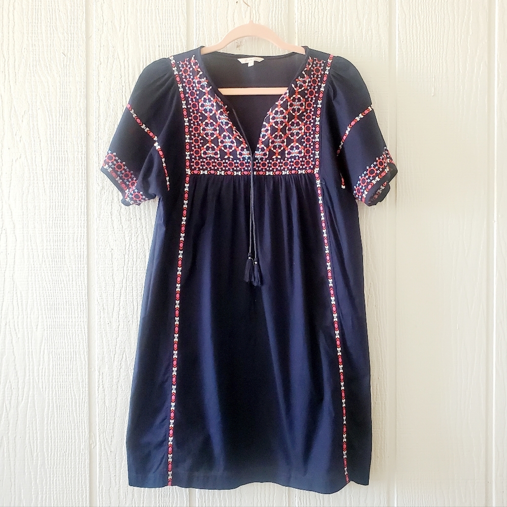 Beltaine Embroidered Tassel Tie Bohemian Peasant Dress Blue Small